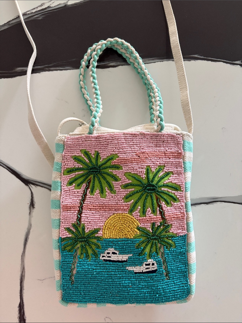 Beaded Palm Beach Crossbody Bag - Pink & Teal